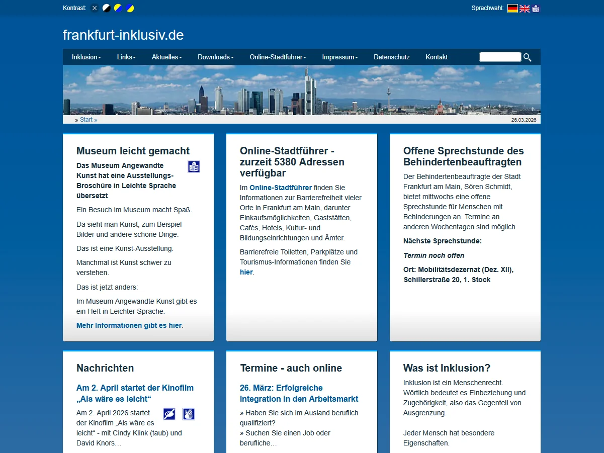 Screenshot des Online-Stadtführers Frankfurt am Main auf frankfurt-inklusiv.de