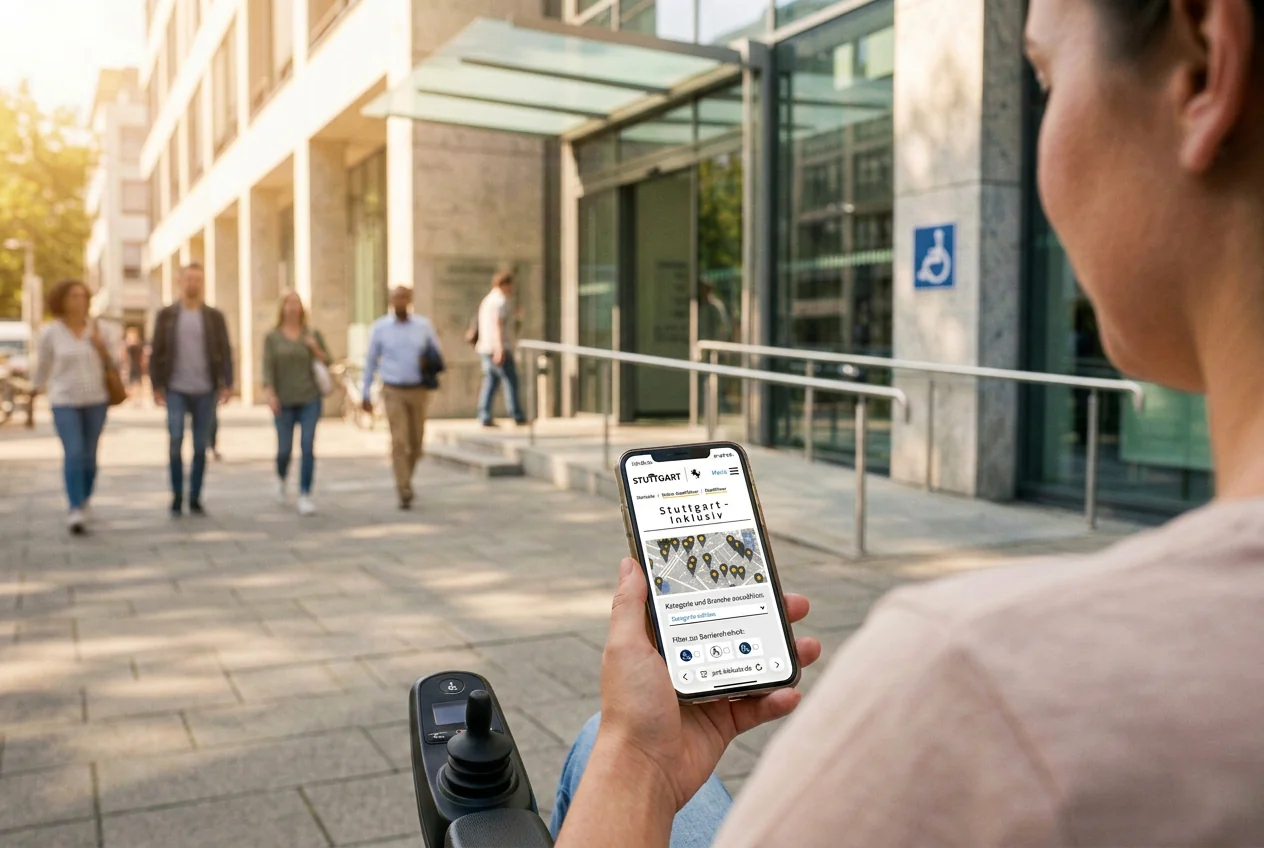 Blinde Frau mit weißem Langstock und Mann im Rollstuhl nutzen Smartphones zur Navigation in der Stadt