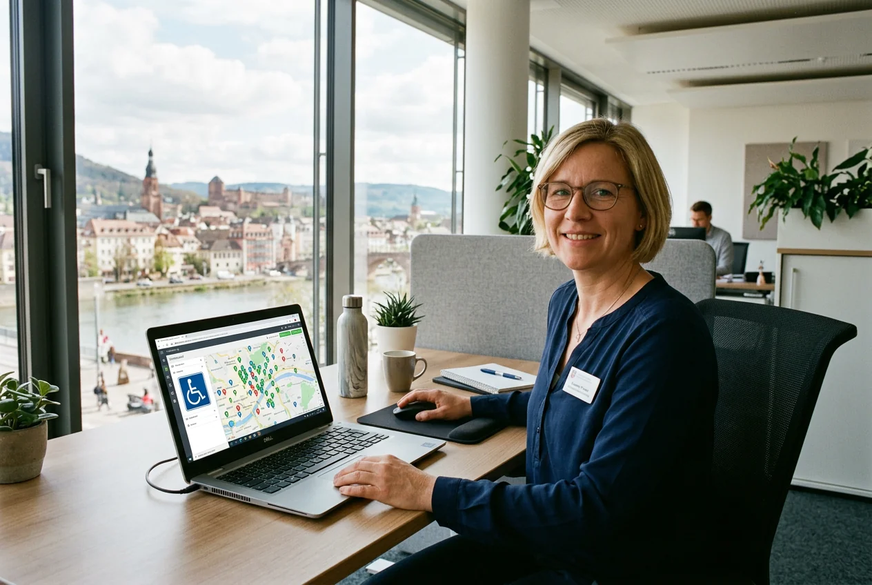 Lächelnder Mitarbeiter eines Rathauses am Schreibtisch mit Laptop, der eine Karten-Oberfläche zeigt