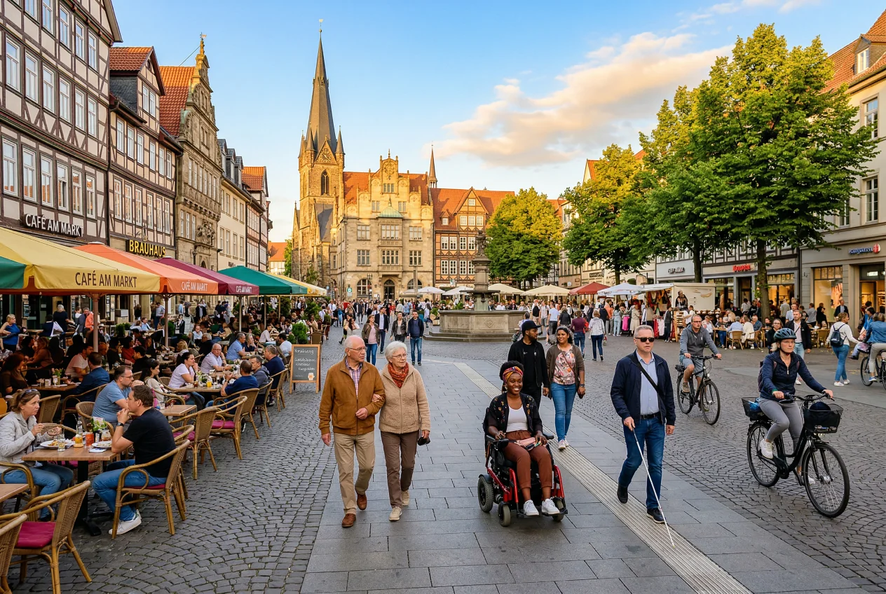 Belebter europäischer Stadtplatz im goldenen Stundenlicht mit Menschen aller Altersgruppen und Fähigkeiten