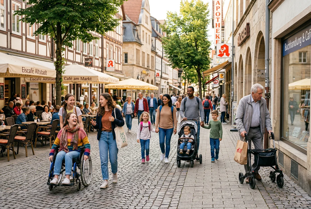 Belebte europäische Stadtszene mit Menschen mit unterschiedlichen Behinderungen, die gemeinsam den öffentlichen Raum nutzen