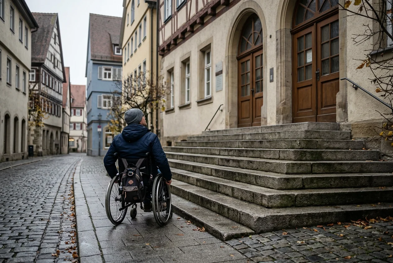 Person im Rollstuhl vor einem Treppenaufgang ohne Rampe